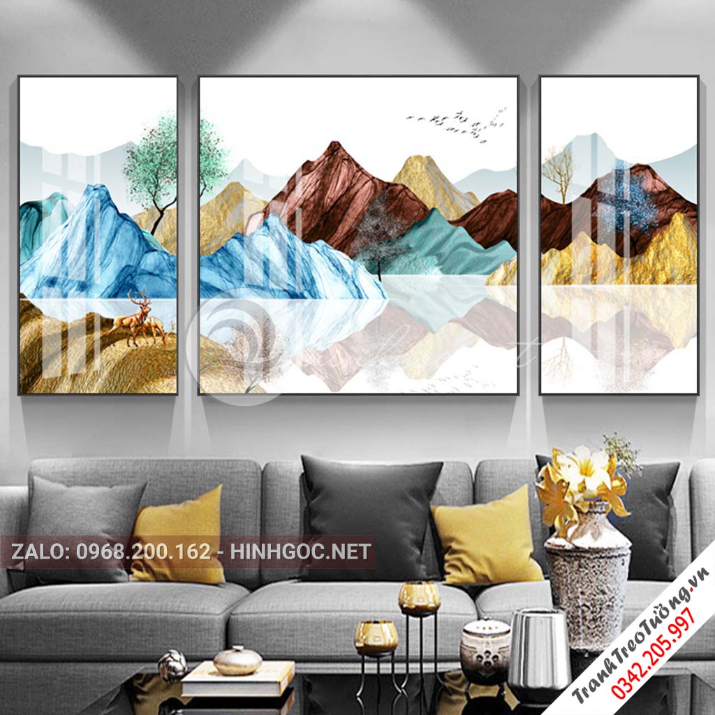 Tranh bộ 3 bức hươu dãy núi, cây mọc trên đá, trừu tượng-PLT-S-1136