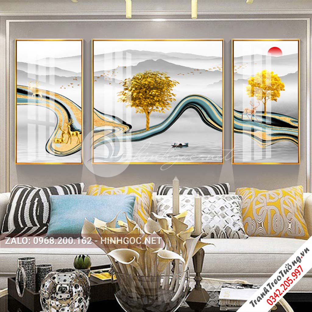 Tranh bộ 3 bức hươu đứng trên dải vân, cây, trừu tượng-PLT-S-1138