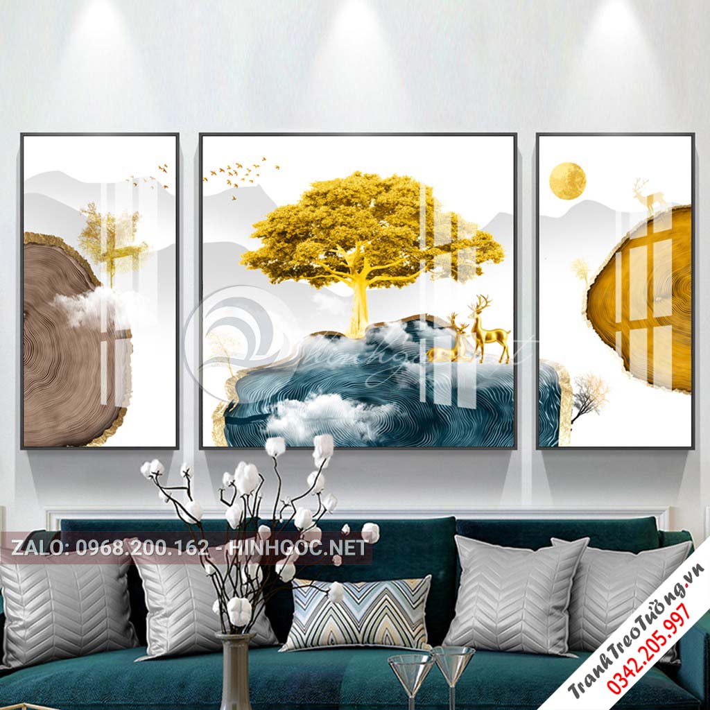 Tranh bộ 3 bức hươu đứng trên hình họa tiết, cây, trừu tượng-PLT-S-1141