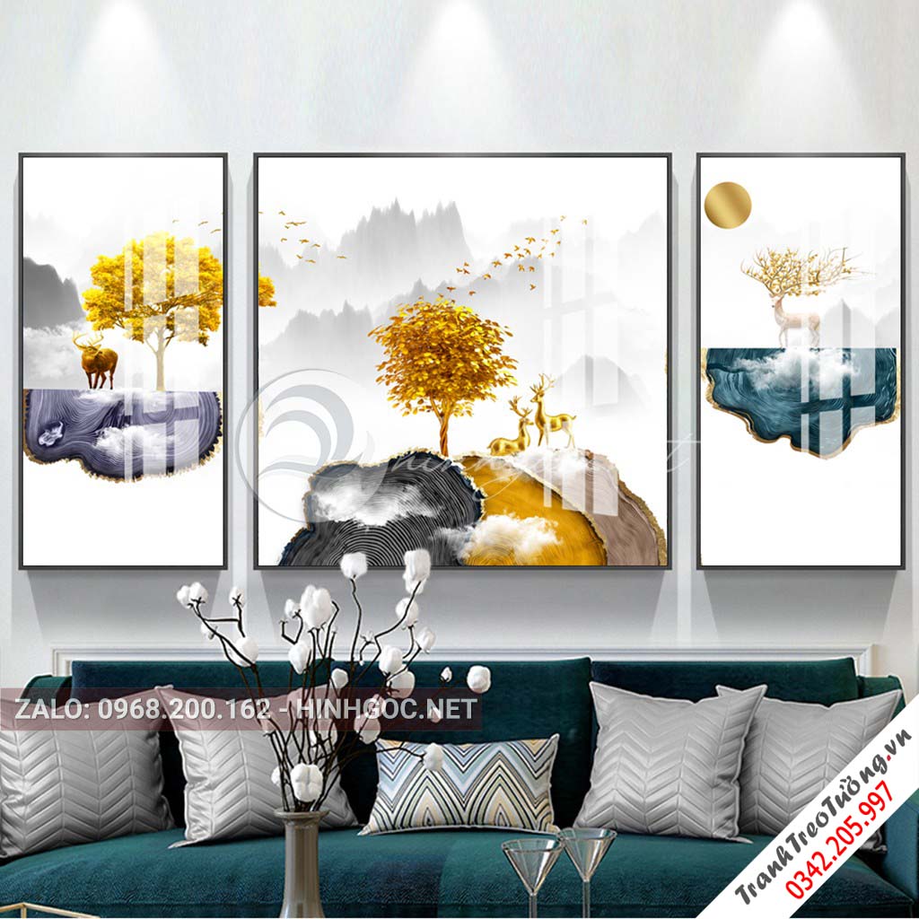 Tranh bộ 3 bức hươu đứng dải vân sắc màu, cây, trừu tượng-PLT-S-1142