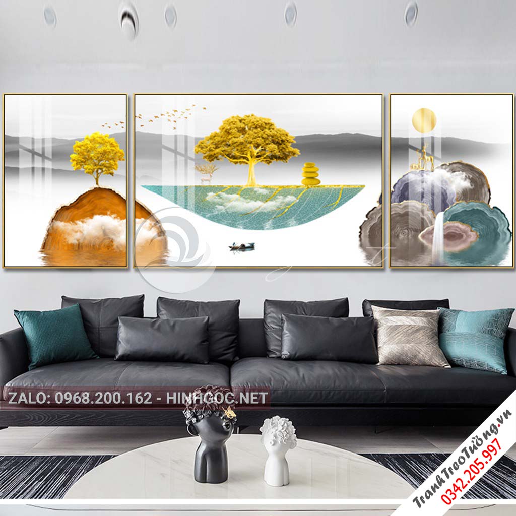 Tranh bộ 3 bức cây tuần lộc đứng trên lá, hình tròn họa tiết, trừu tượng-PLT-S-1145