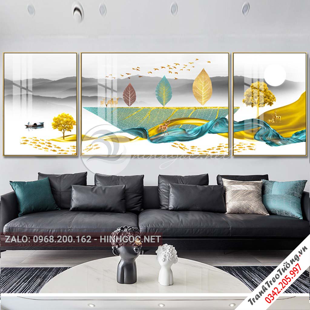 Tranh bộ 3 bức cây tuần lộc đứng trên lá, hình tròn họa tiết, trừu tượng-PLT-S-1146