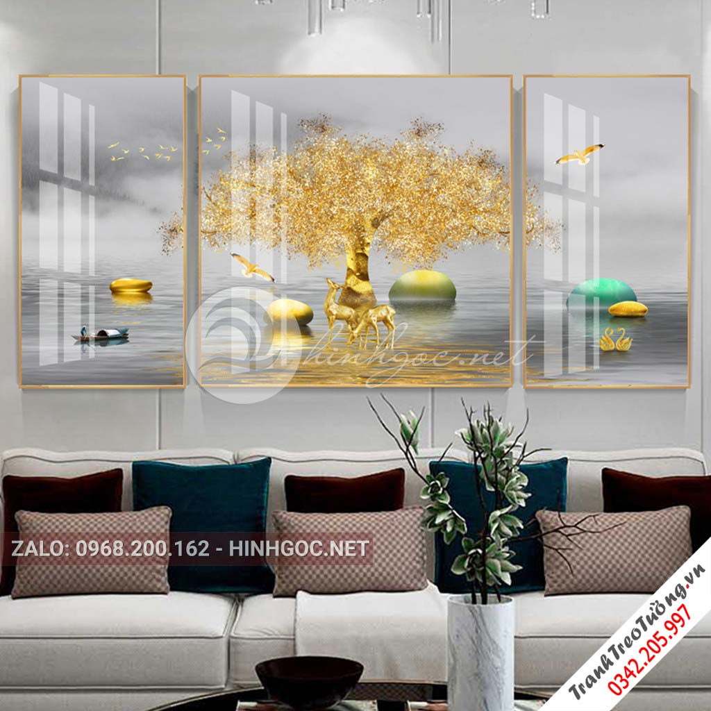 Tranh bộ 3 bức hươu đứng sông, đá, cây, trừu tượng-PLT-S-1148