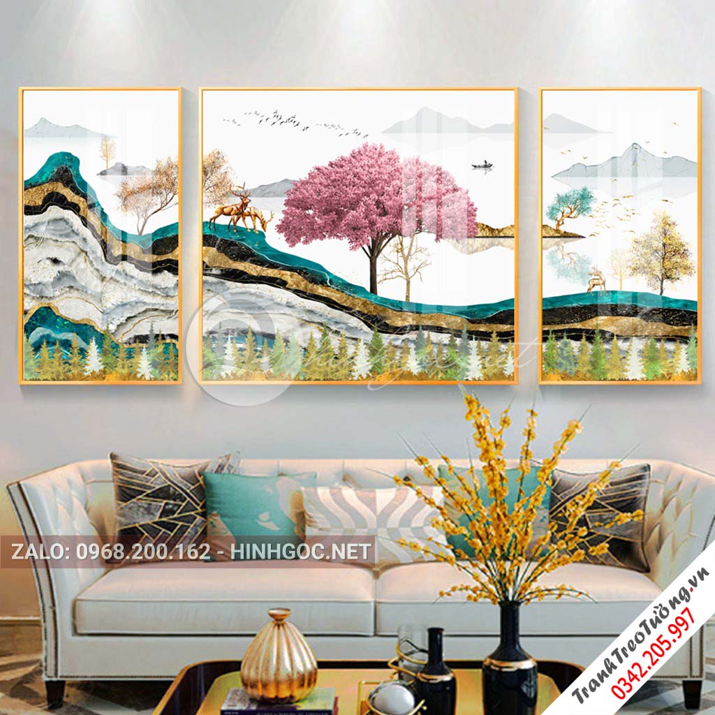 Tranh bộ 3 bức hươu đứng trên dải vân, núi, trừu tượng-PLT-S-1149