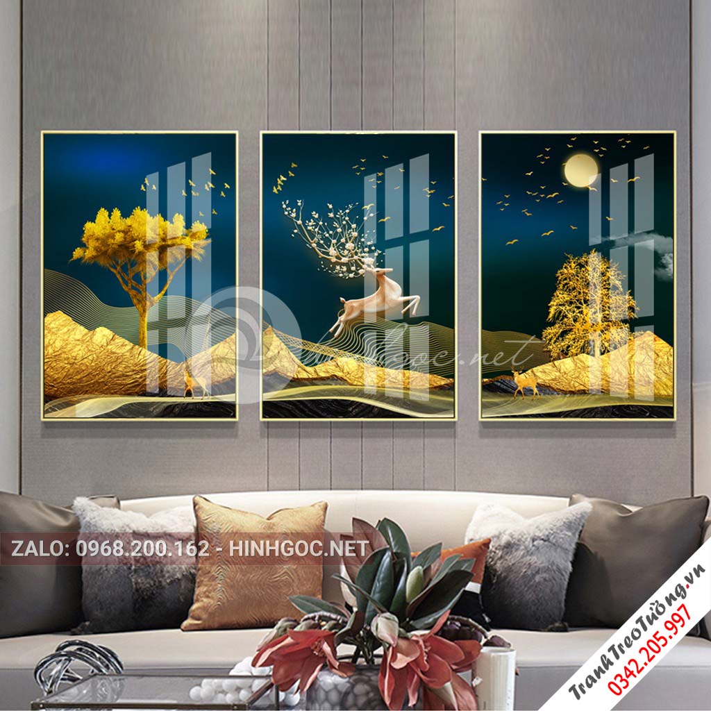 Tranh bộ 3 bức ghép hươu đứng trên dải vân, đàn cá, trừu tượng-PLT-S-1152