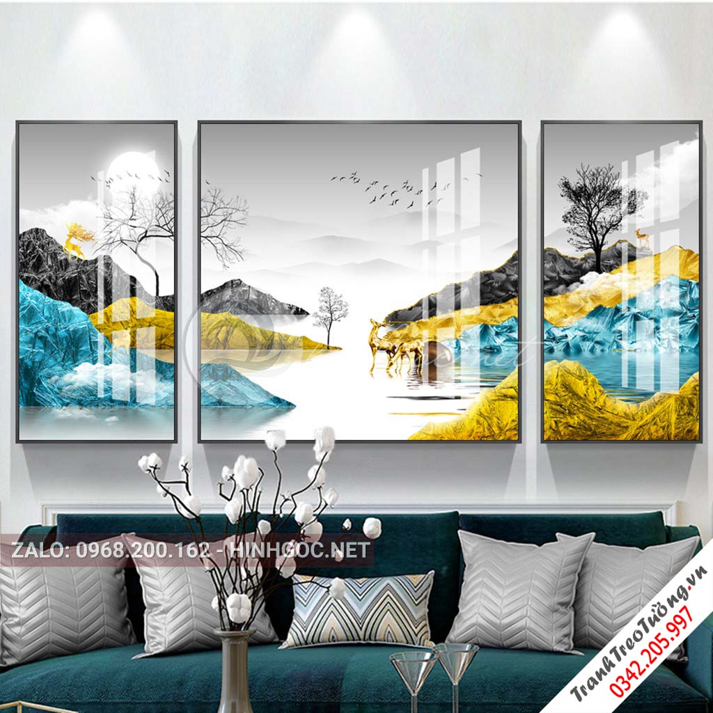 Tranh bộ 3 bức  ghép hươu, núi, sông, cây trừu tượng-PLT-S-1157