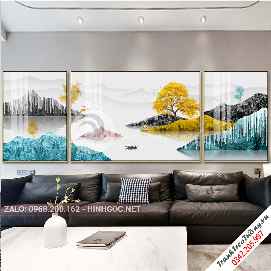 Tranh bộ 3 bức ghép dãy núi trùng điệp, hươu, sông, cây trừu tượng-PLT-S-1159