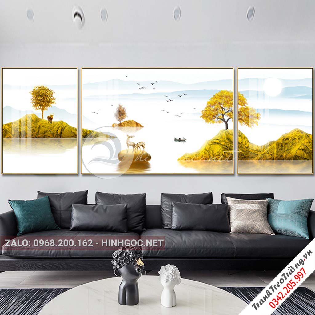 Tranh bộ 3 bức ghép dãy núi trùng điệp, hươu đứng trên đá cuội trừu tượng-PLT-S-1160