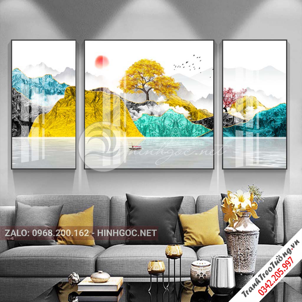 Tranh bộ 3 bức ghép dãy núi trùng điệp, cây tuần lộc, chim trừu tượng-PLT-S-1161