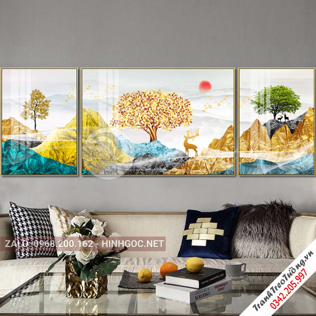 Tranh bộ 3 bức ghép dãy núi trùng điệp, cây tuần lộc, hươu trừu tượng-PLT-S-1162