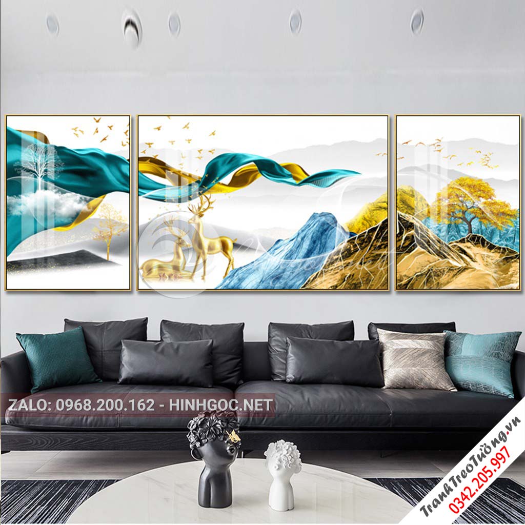 Tranh bộ 3 bức ghép, đôi hươu, dải vân, dãy núi sắc màu trừu tượng-PLT-S-1164
