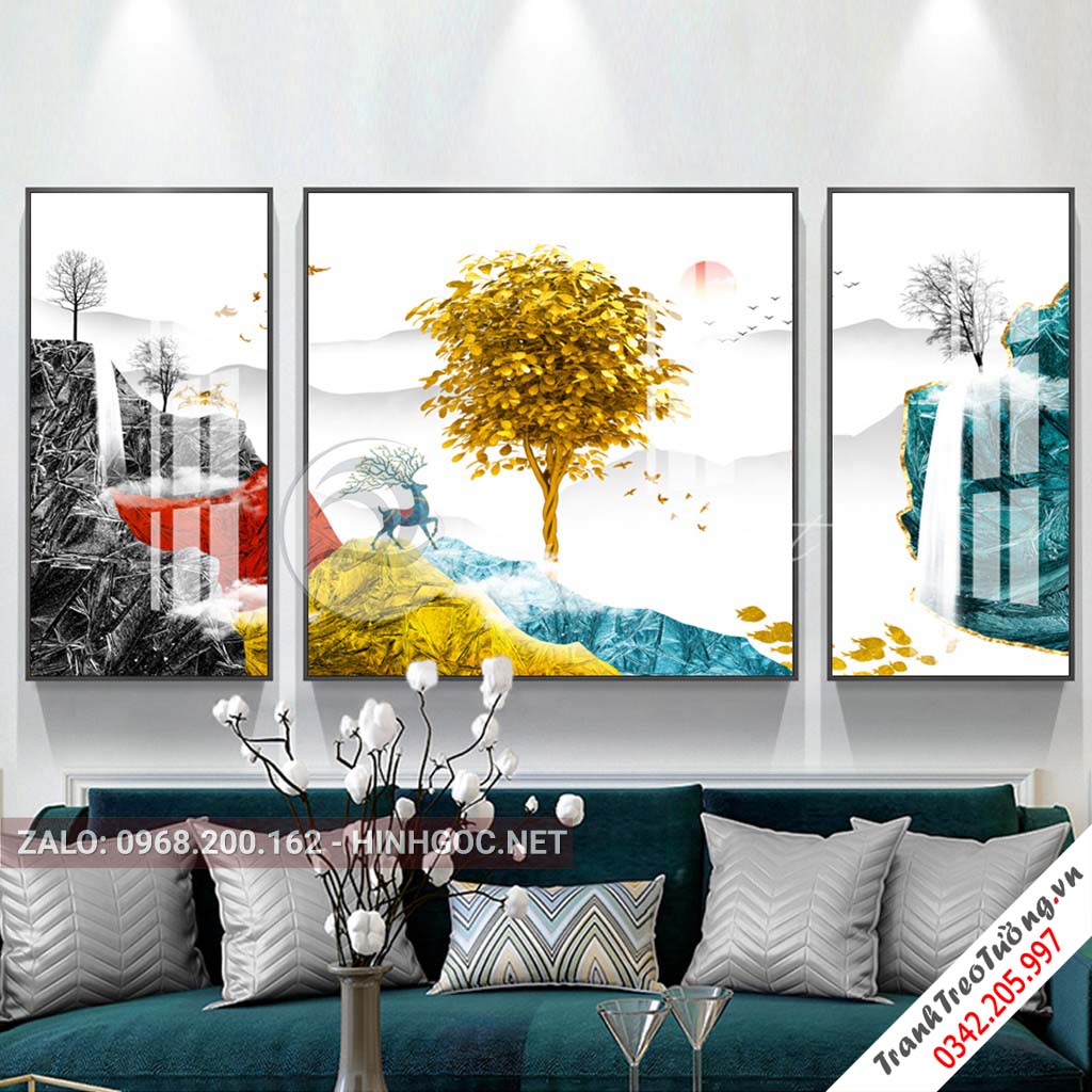 Tranh bộ 3 bức ghép, cây tuần lộc, hươu, dãy núi sắc màu trừu tượng-PLT-S-1165