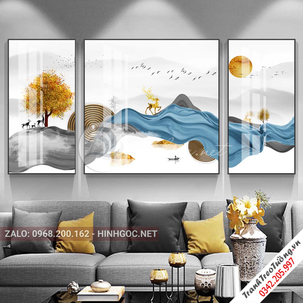 Tranh bộ 3 bức ghép, hươu đứng trên dải vân, cây dãy núi sắc màu trừu tượng-PLT-S-1166