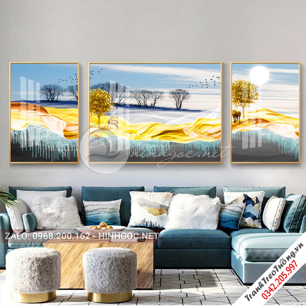 Tranh bộ 3 bức ghép, hươu đứng trên dải vân, dãy núi sắc màu trừu tượng-PLT-S-1167