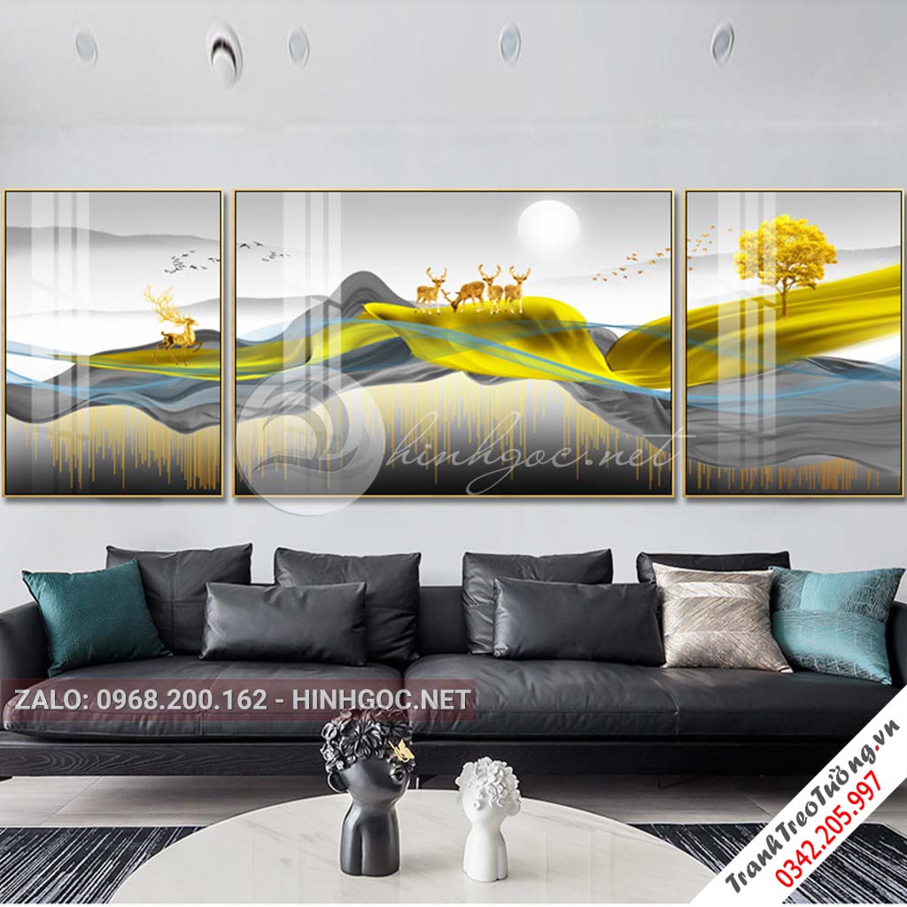 Tranh bộ 3 bức ghép, hươu đứng trên dải vân, dãy núi, cây trừu tượng-PLT-S-1168