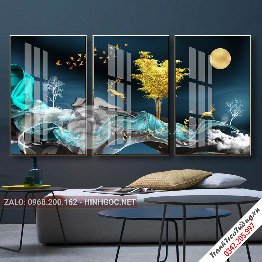 Tranh bộ 3 bức ghép, dải vân, hươu, mây, chim, cây trừu tượng-PLT-S-1169