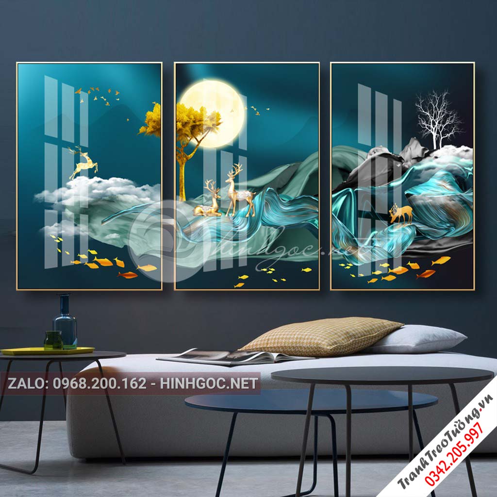 Tranh bộ 3 bức ghép, hươu đứng trên dải vân, cá, cây trừu tượng-PLT-S-1170