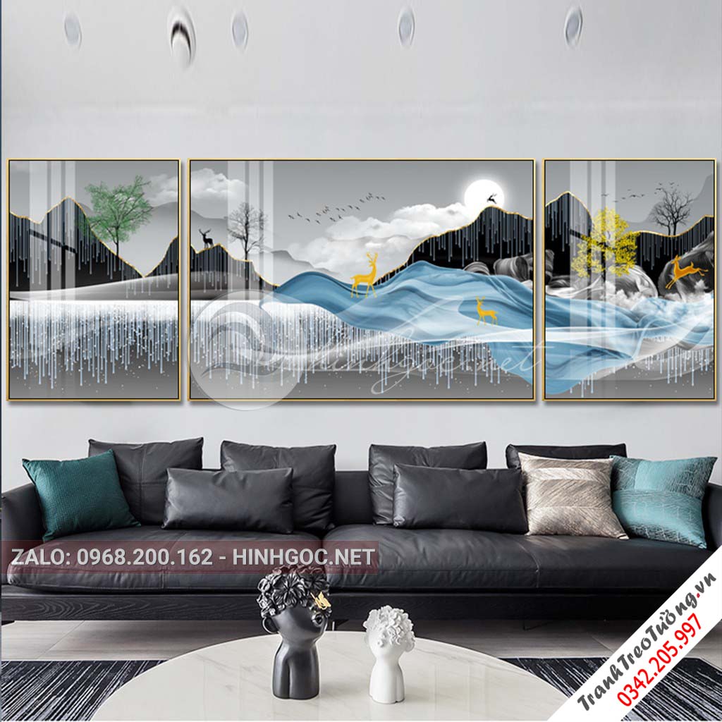 Tranh bộ 3 bức ghép, hươu đứng trên dải vân, cây trừu tượng-PLT-S-1171