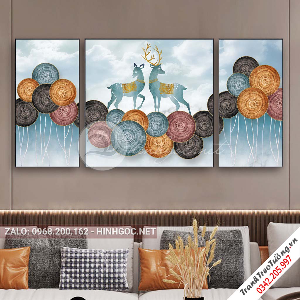Tranh bộ 3 bức ghép, hươu đứng trên hình tròn họa tiết trừu tượng-PLT-S-1182