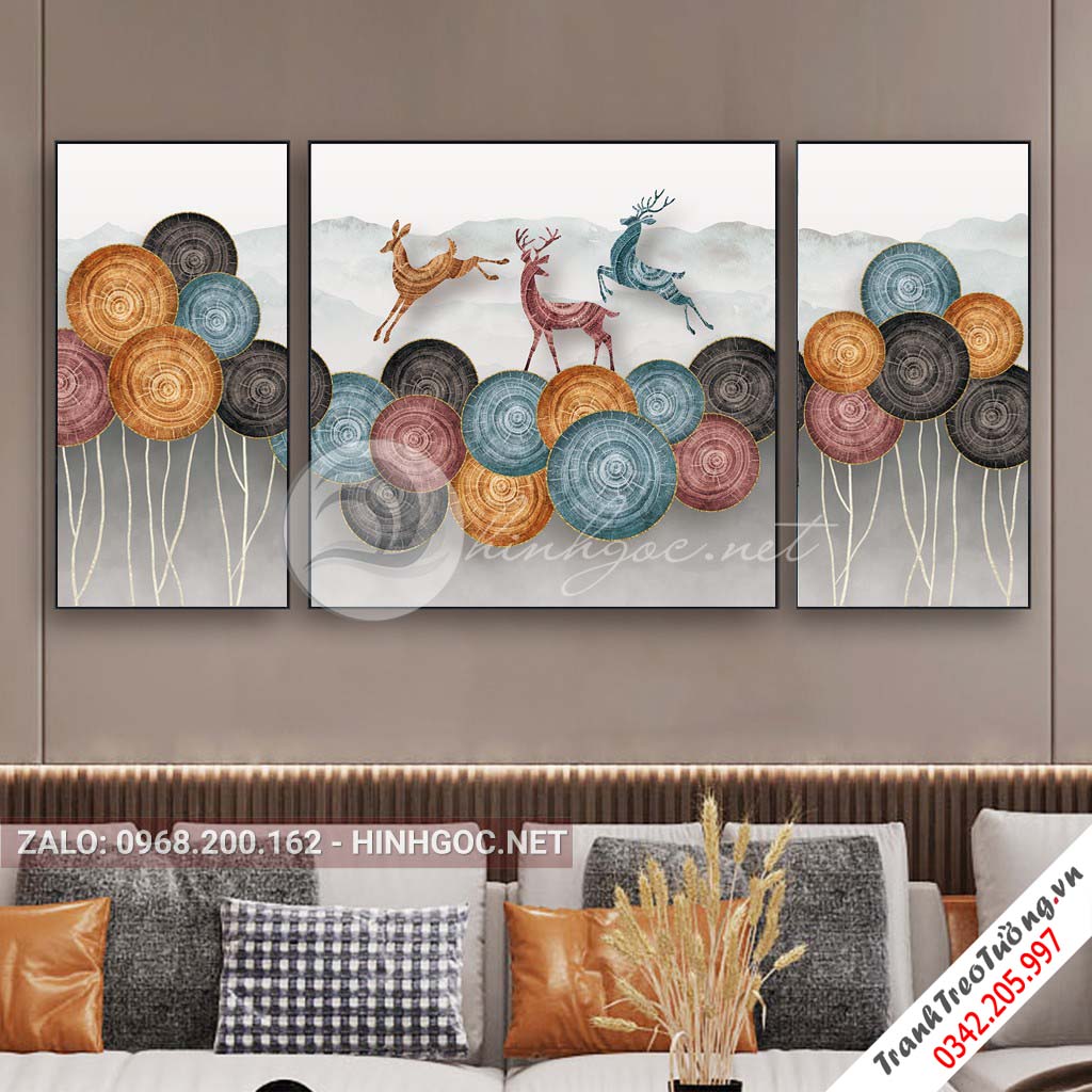 Tranh bộ 3 bức ghép, hươu đứng trên hình tròn họa tiết trừu tượng-PLT-S-1183