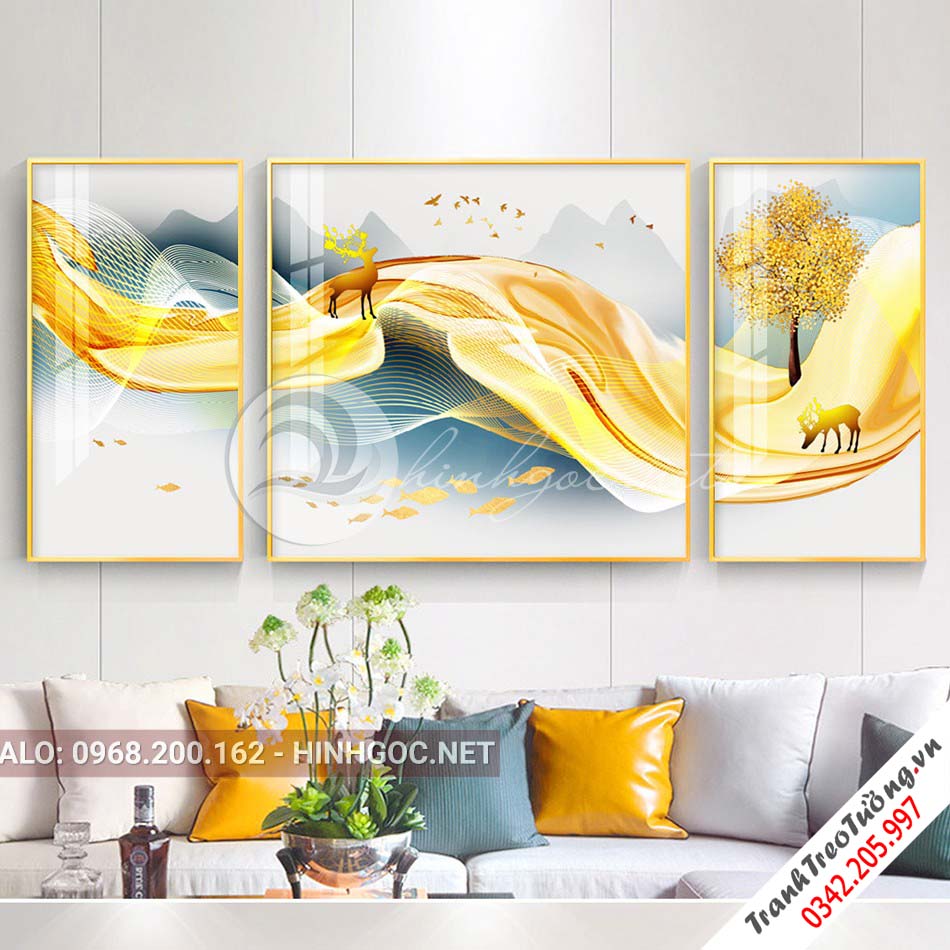 Tranh bộ 3 bức ghép, hươu đứng trên dải vân vàng, chim trừu tượng-PLT-S-1186