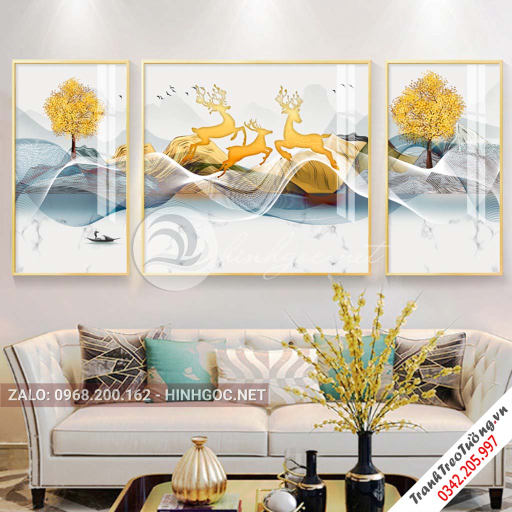 Tranh bộ 3 bức ghép, dải vân sắc màu, cây, chim trừu tượng-PLT-S-1188