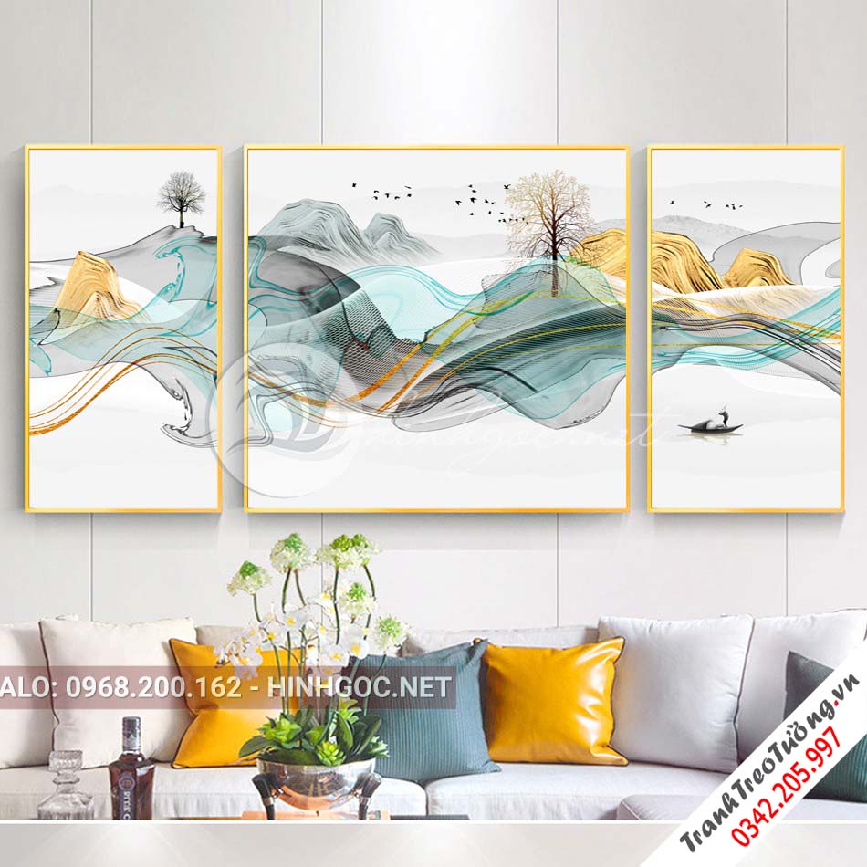 Tranh bộ 3 bức ghép, hươu đứng trên dải vân sắc màu, cây, chim trừu tượng-PLT-S-1189