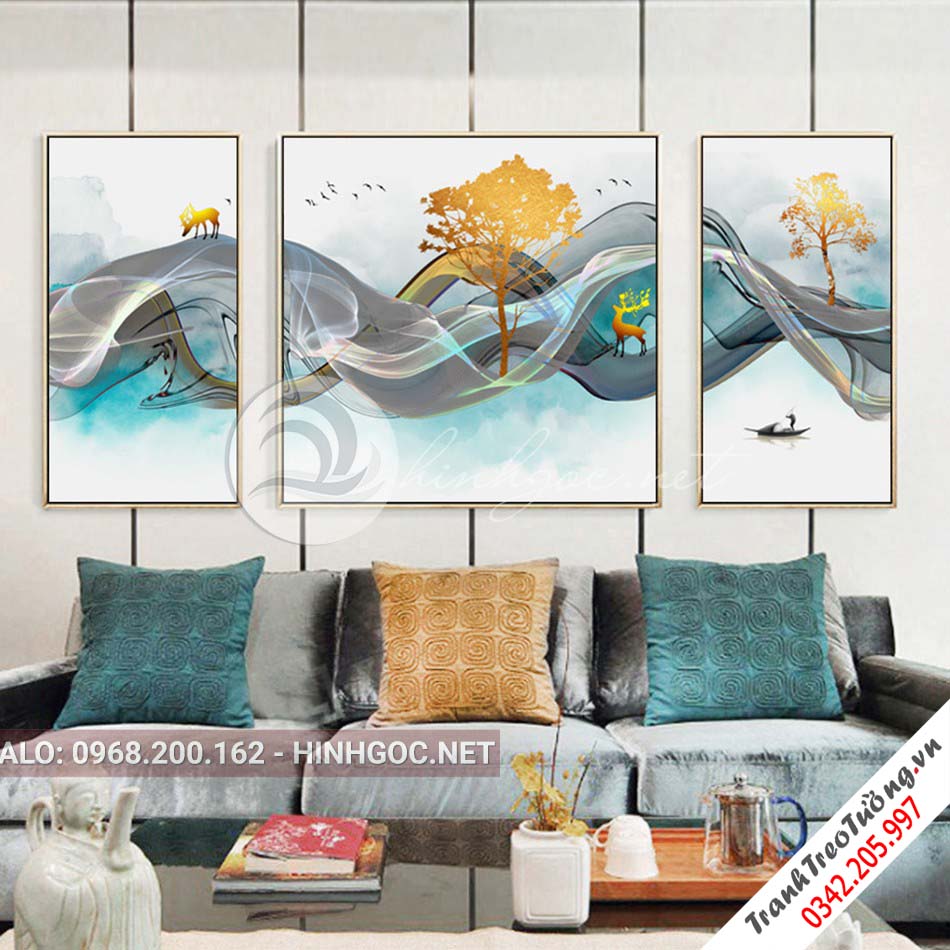 Tranh bộ 3 bức ghép, hươu đứng trên dải vân sắc màu, cây, chim trừu tượng-PLT-S-1190