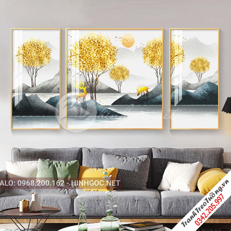 Tranh bộ 3 bức ghép, hươu đứng trên hòn núi đá, cây, sông nước trừu tượng-PLT-S-1191
