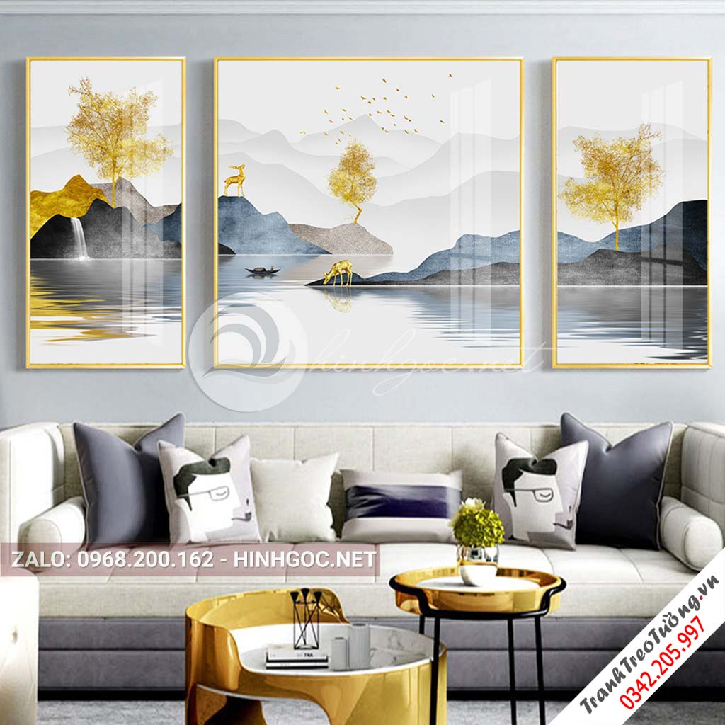 Tranh bộ 3 bức ghép, hươu đứng trên sông nước, núi, cây trừu tượng-PLT-S-1194