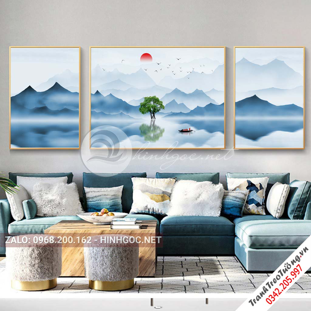 Tranh bộ 3 bức ghép, dãy núi xanh trùng điệp, cây, thuyền trên sông-PLT-S-1195
