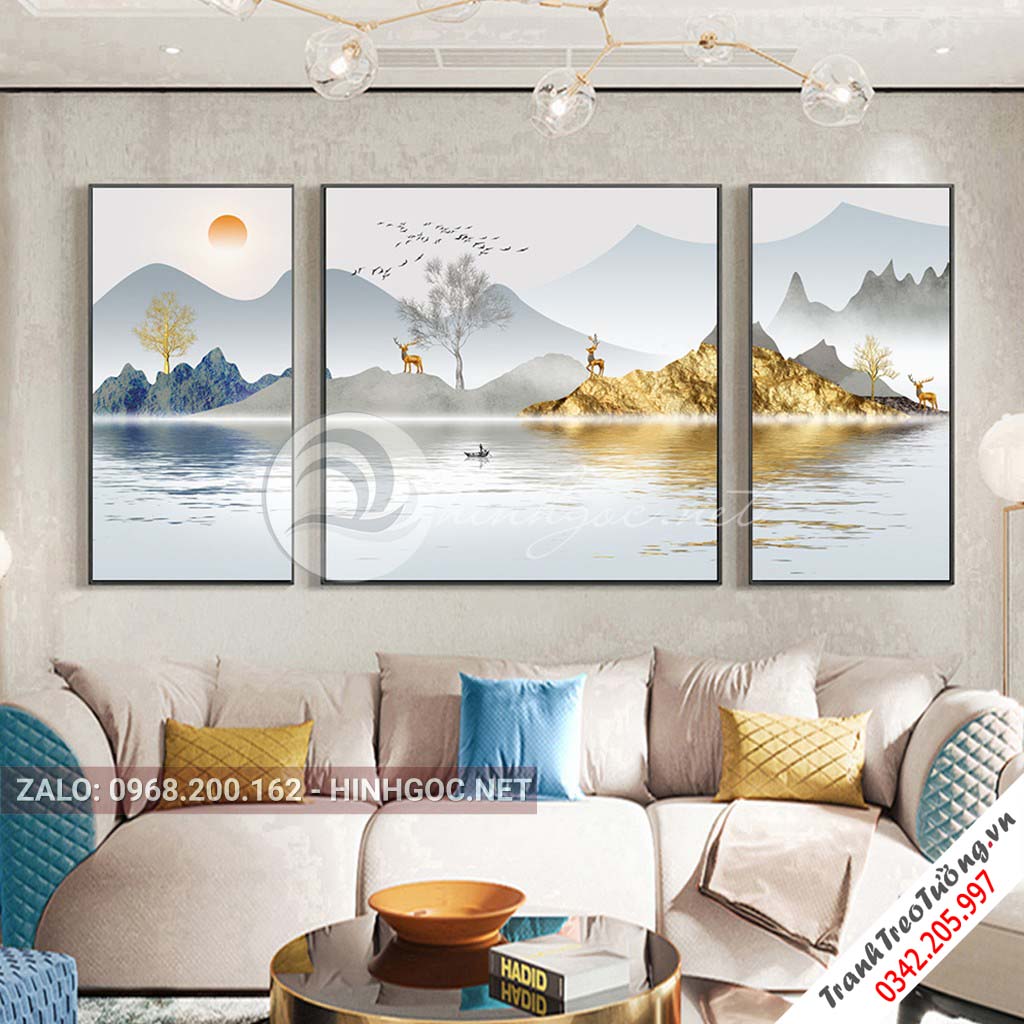 Tranh bộ 3 bức ghép, hươu đứng trên dãy núi, cây trừu tượng-PLT-S-1196