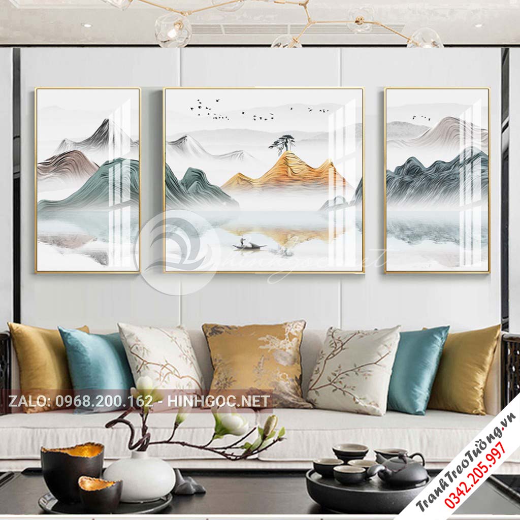 Tranh bộ 3 bức ghép, dãy núi trùng điệp, cây, thuyền trên sông trừu tượng-PLT-S-1197