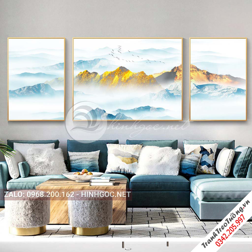 Tranh bộ 3 bức ghép, dãy núi trùng điệp, cây, thuyền trên sông trừu tượng-PLT-S-1198