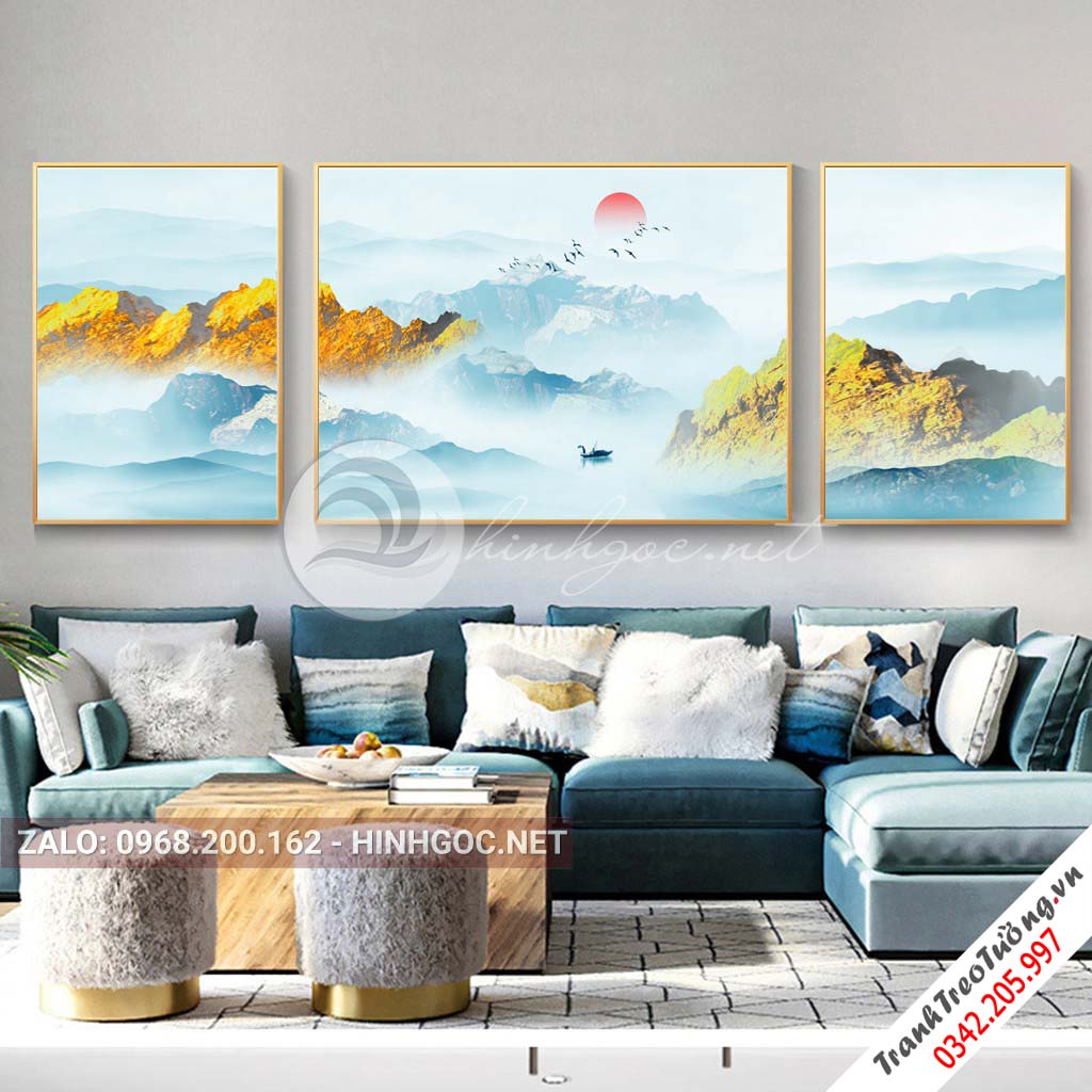 Tranh bộ 3 bức ghép, dãy núi trùng điệp, cây, thuyền trên sông trừu tượng-PLT-S-1199