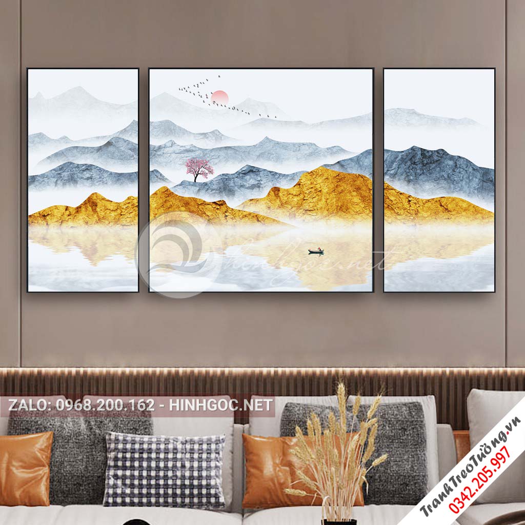 Tranh bộ 3 bức ghép, dãy núi trùng điệp, cây, đàn chim, thuyền trên sông trừu tượng-PLT-S-1202