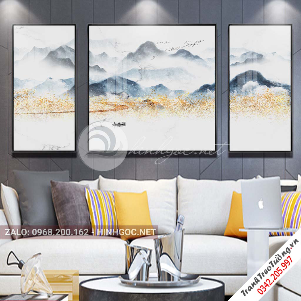Tranh bộ 3 bức ghép, dãy núi trùng điệp, núi, chim, sông nước trừu tượng-PLT-S-1206