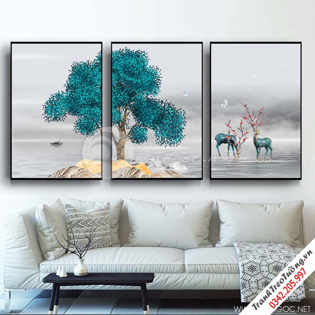 Tranh bộ 3 bức cây xanh cùng đôi hươu sừng hoa-PLT-S-1215