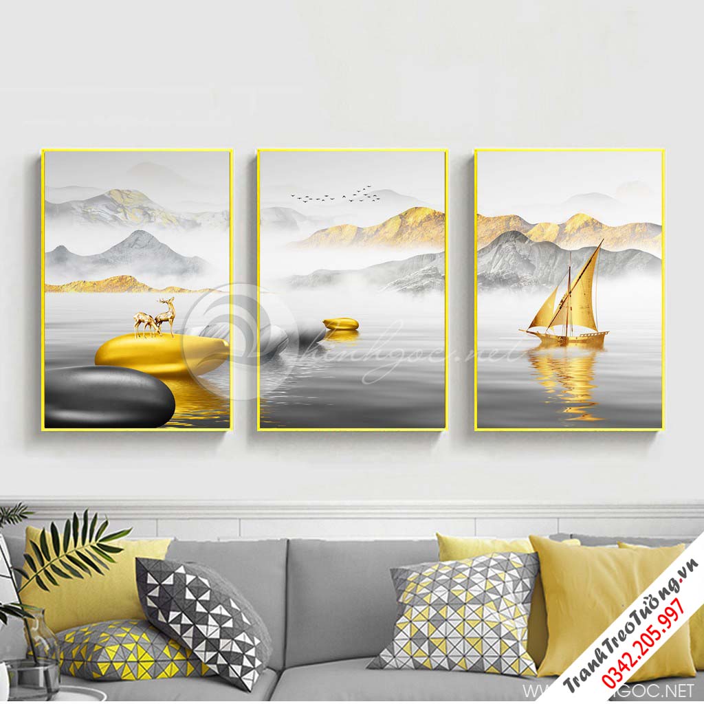 Tranh bộ 3 bức cánh buồm vàng cùng chú hươu đứng trên đá-PLT-S-1225