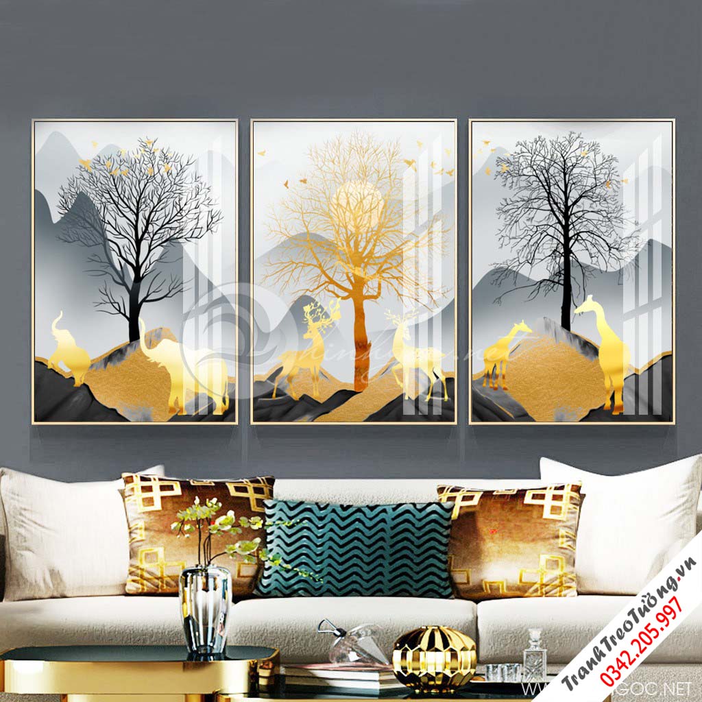 Tranh bộ 3 bức trừu tượng dải vân cây và hươu-PLT-S-1259