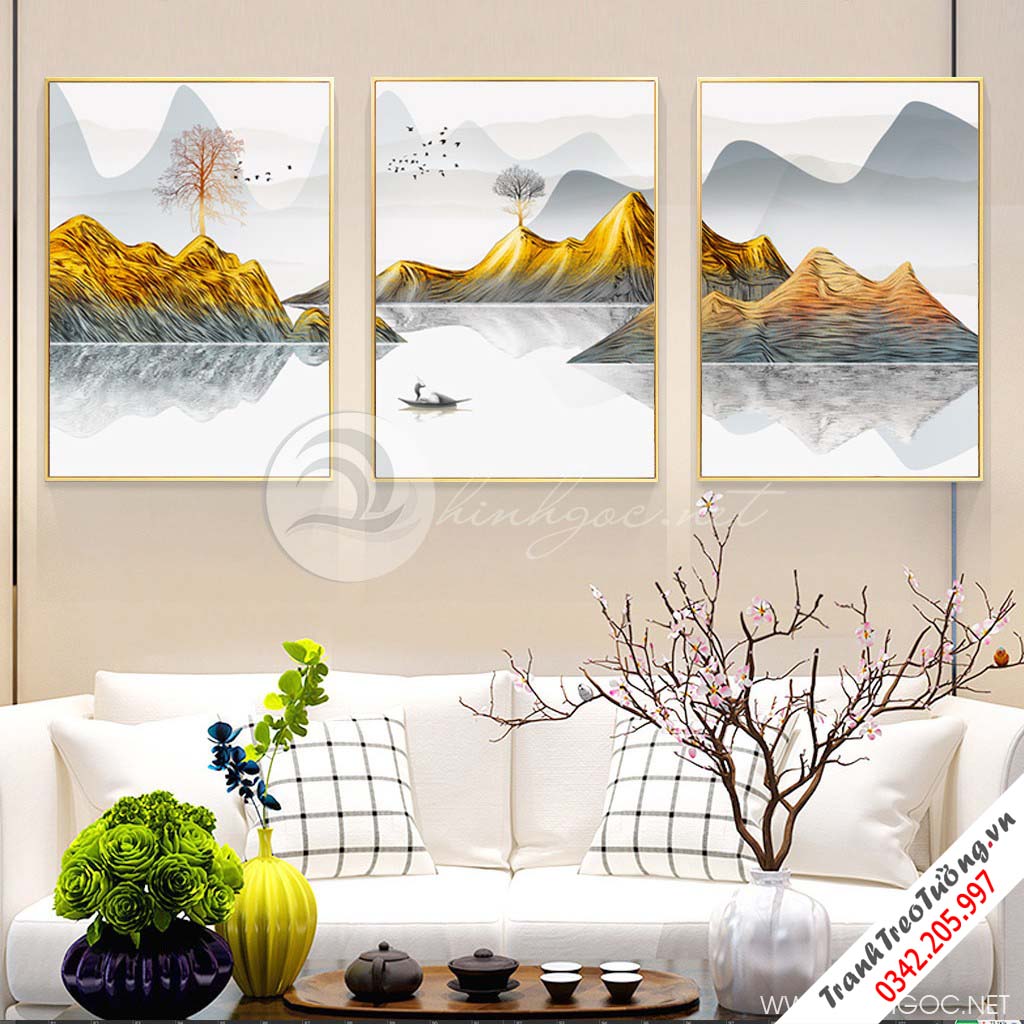 Tranh bộ 3 bức trừu tượng dải vân cây và hươu-PLT-S-1264