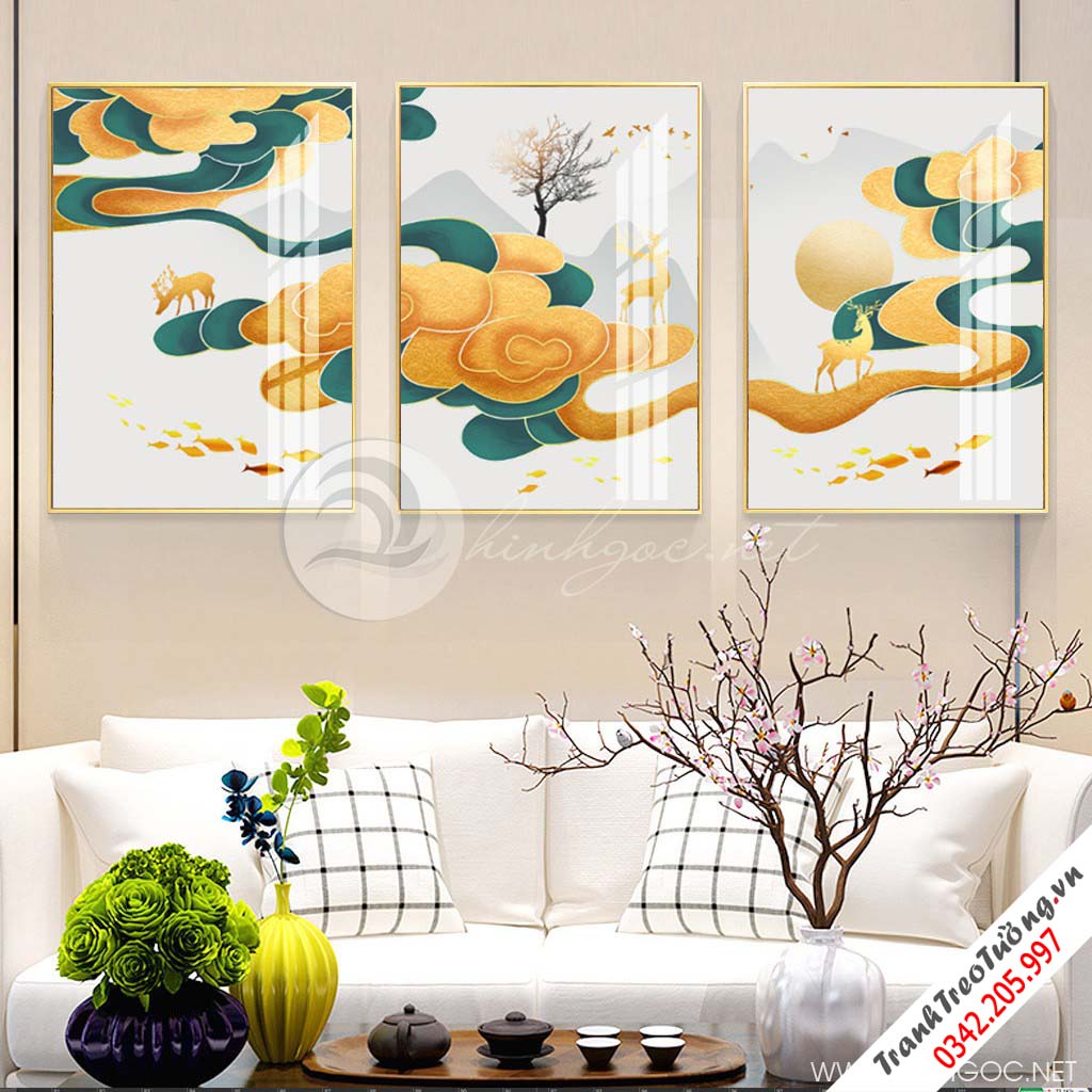 Tranh bộ 3 bức trừu tượng dải vân cây và hươu-PLT-S-1267