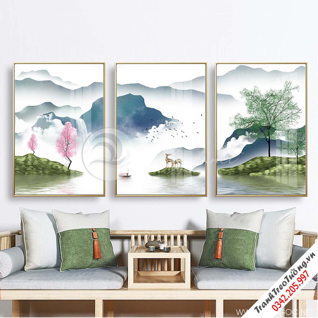 Tranh bộ 3 bức trừu tượng dải vân cây và hươu-PLT-S-1270