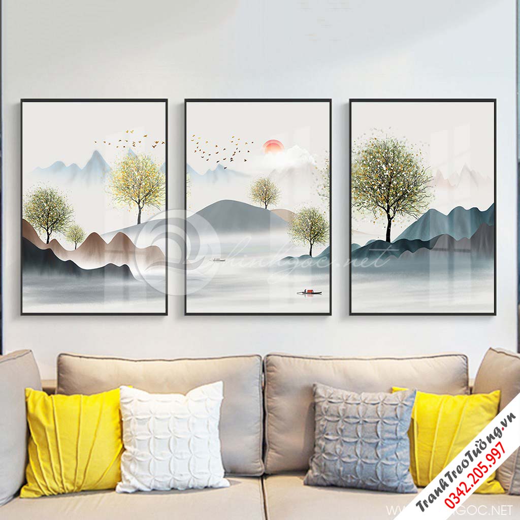 Tranh bộ 3 bức trừu tượng dải vân cây và hươu-PLT-S-1274
