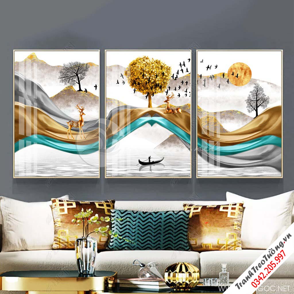 Tranh bộ 3 bức trừu tượng dải vân cây và hươu-PLT-S-1276