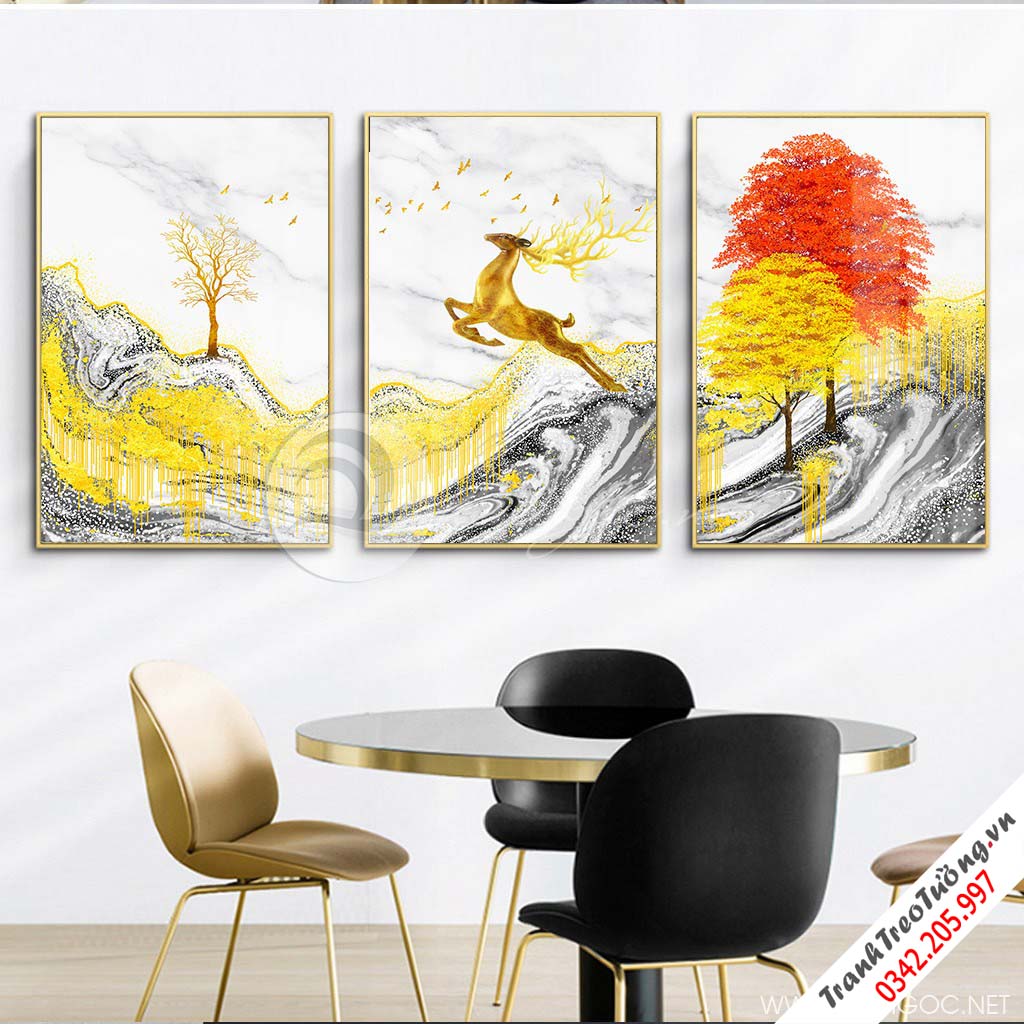 Tranh bộ 3 bức trừu tượng cây tuần lộc vàng và chú hươu-PLT-S-1278