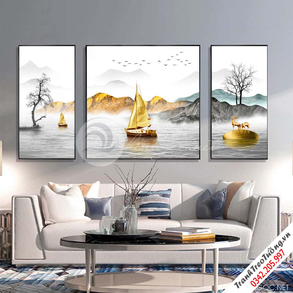 Tranh bộ 3 bức trừu tượng hươu và thuyền vàng-PLT-S-1281