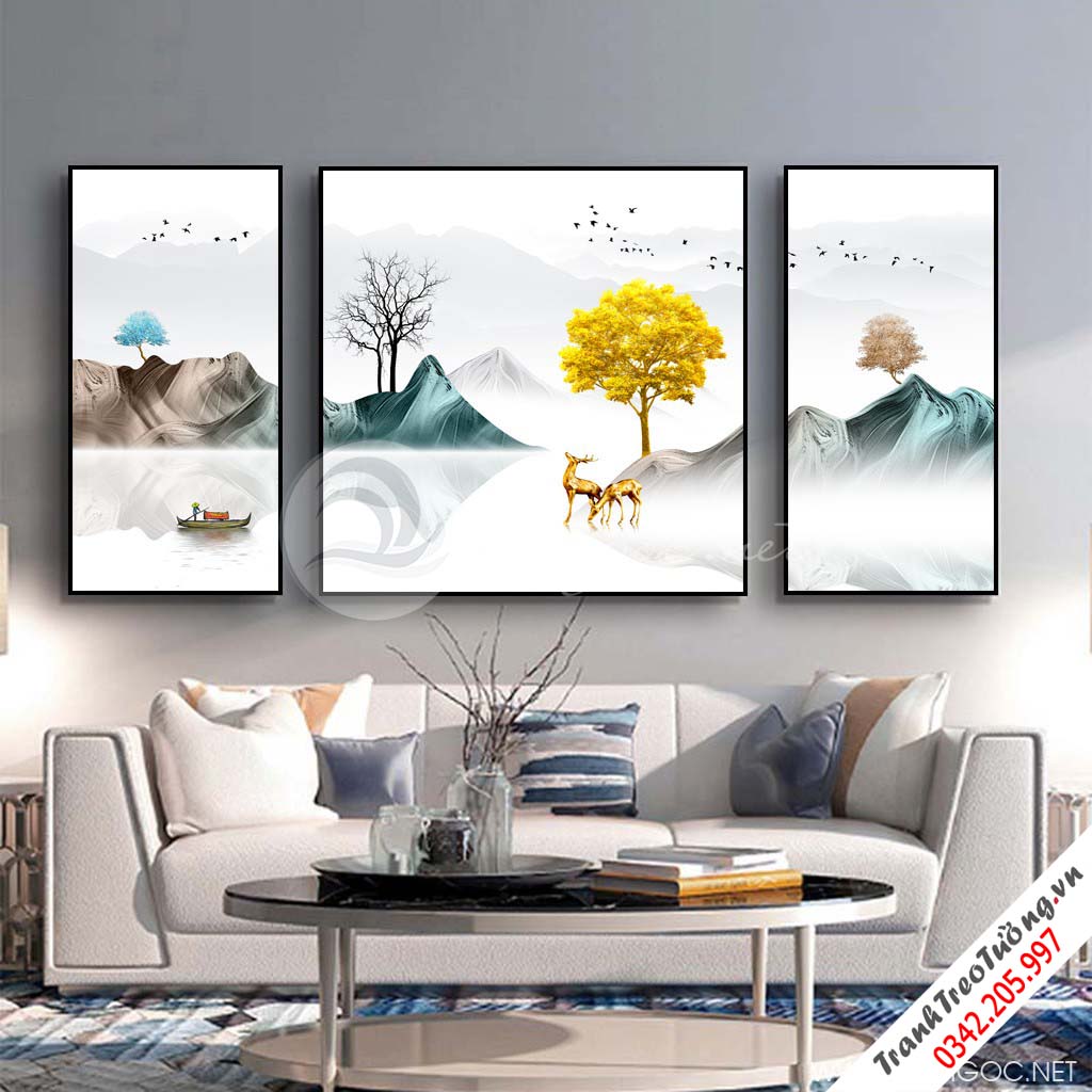 Tranh bộ 3 bức trừu tượng dải vân cây và hươu-PLT-S-1282