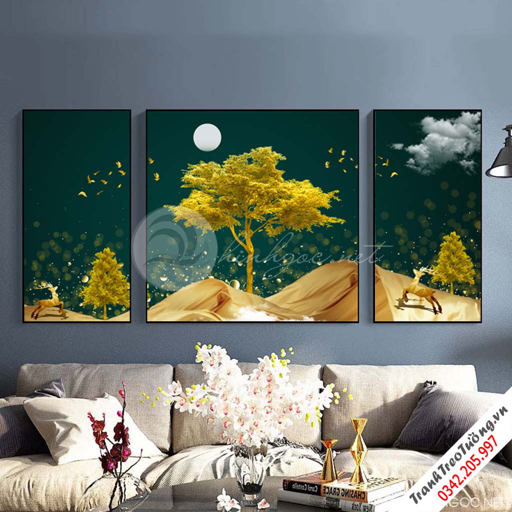 Tranh bộ 3 bức trừu tượng dải vân cây và hươu-PLT-S-1283