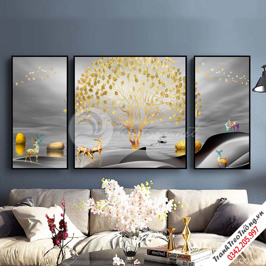 Tranh bộ 3 bức trừu tượng ghép cây tuần lộc vàng và hươu-PLT-S-1288